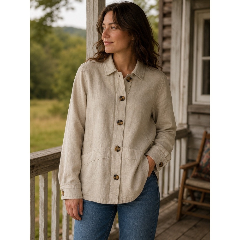 Nicole Miller Jacket Womens Small Beige Linen Blend Coastal Grandma Boho